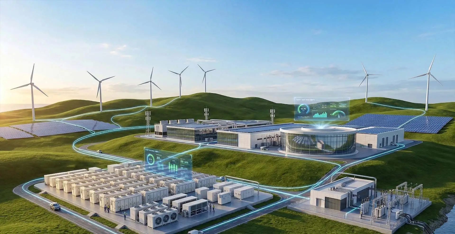 Batterilagring ved vindmøller og solceller, forbundet med et datacenter